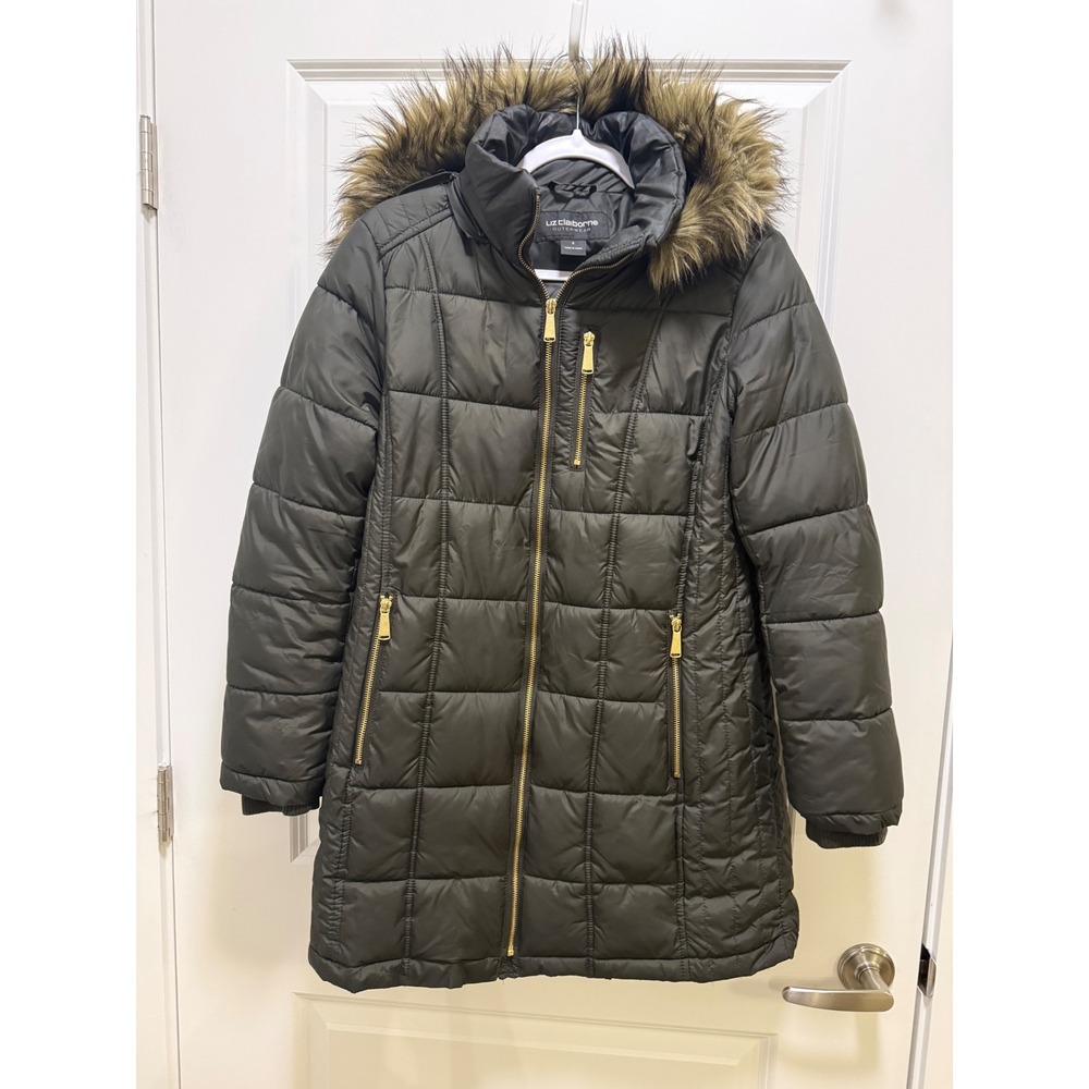 Liz Claiborne Olive‎ Green Quilted Puffer Jacket Faux Fur Hood Gold Zip Parka S